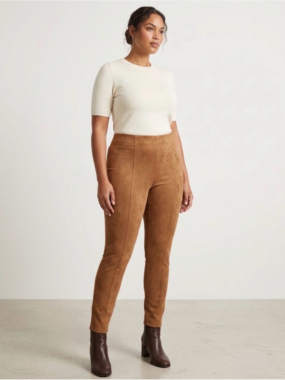 Laura High-Rise Slim Faux-Suede Pants in Camel Brown